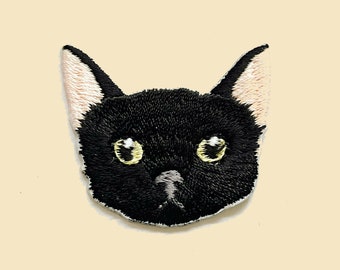 Iron-On Black Cat Face Patch/Animal Badge/DIY Embroidery/Embroidered Applique/Cat lover/Applique Motif/Black Cat Lover/Kawaii Cat