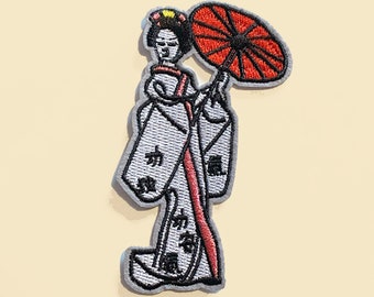 Iron-On Japanese girl in Kimono patch/mamefuji/dance women/Japanese/maiko with umbrella/DIY Embroidery/Decorative Patch/Embroidered Applique