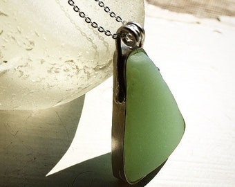 Open back, Custom made Jadeite seaglass and sterling silver pendant