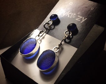 Custom made to order genuine cobalt blue seaglass sterling silver earrings with handmade cobalt glass bead post