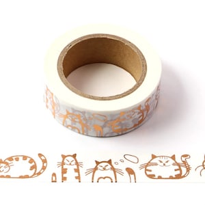 Ruban adhésif en papier Washi avec joli chaton en feuille d'or | 15 mm x 10 m