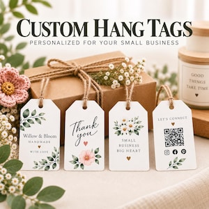 May include: Four rectangular white paper hang tags with jute twine loops. The tags feature botanical illustrations, a QR code, and text including Willow & Bloom, Thank you, Small Business Big Heart, and Let's Connect, with small gold heart accents.