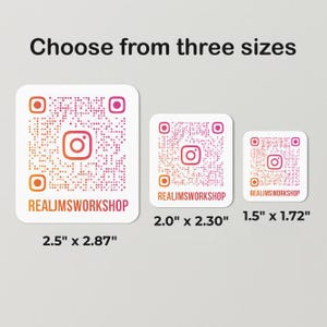 May include: Three square stickers with rounded corners featuring a gradient Instagram QR code and the text REALJMSWORKSHOP. Sizes are labeled as 2.5 inches by 2.87 inches, 2.0 inches by 2.30 inches, and 1.5 inches by 1.72 inches respectively.