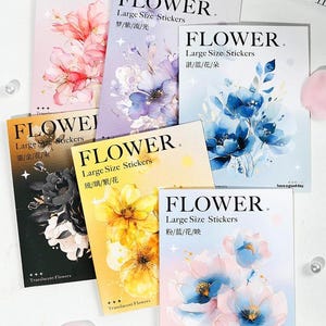May include: Five sheets of stickers featuring watercolor floral designs. Each sheet has a different color scheme and floral arrangement. The sheets are labeled "FLOWER. Large Size Stickers" and include the text "Translucent Flowers" and "have a good day."