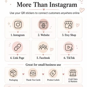 May include: An informational graphic with a soft pink and white color scheme. It features text titled Perfect for More Than Instagram, followed by six numbered icons for social media platforms and four categories for small business use, including packaging.