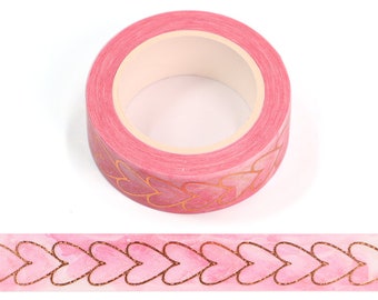 Ruban adhésif en Washi à motif de coeurs et feuille d'or rose | 15 mm x 10 m