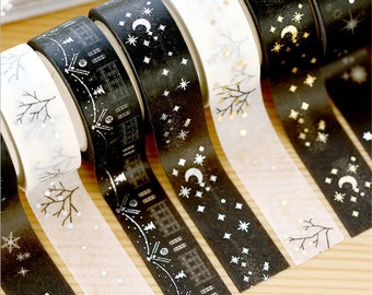 Golden Silver Moon Star Tree Washi Tape Set (8 Designs) | 15mm wide | 5m Length