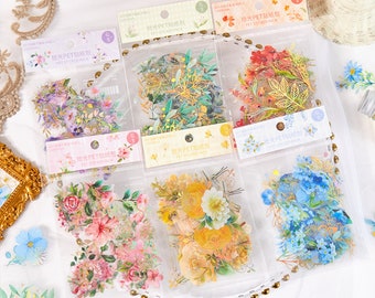 Gold Floral PET Stickers, 40pcs Watercolor Flower Stickers for Journal & Scrapbook