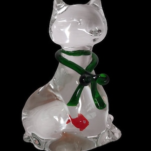 Hand blown crystal clear kitty with freshly swallowed goldfish
