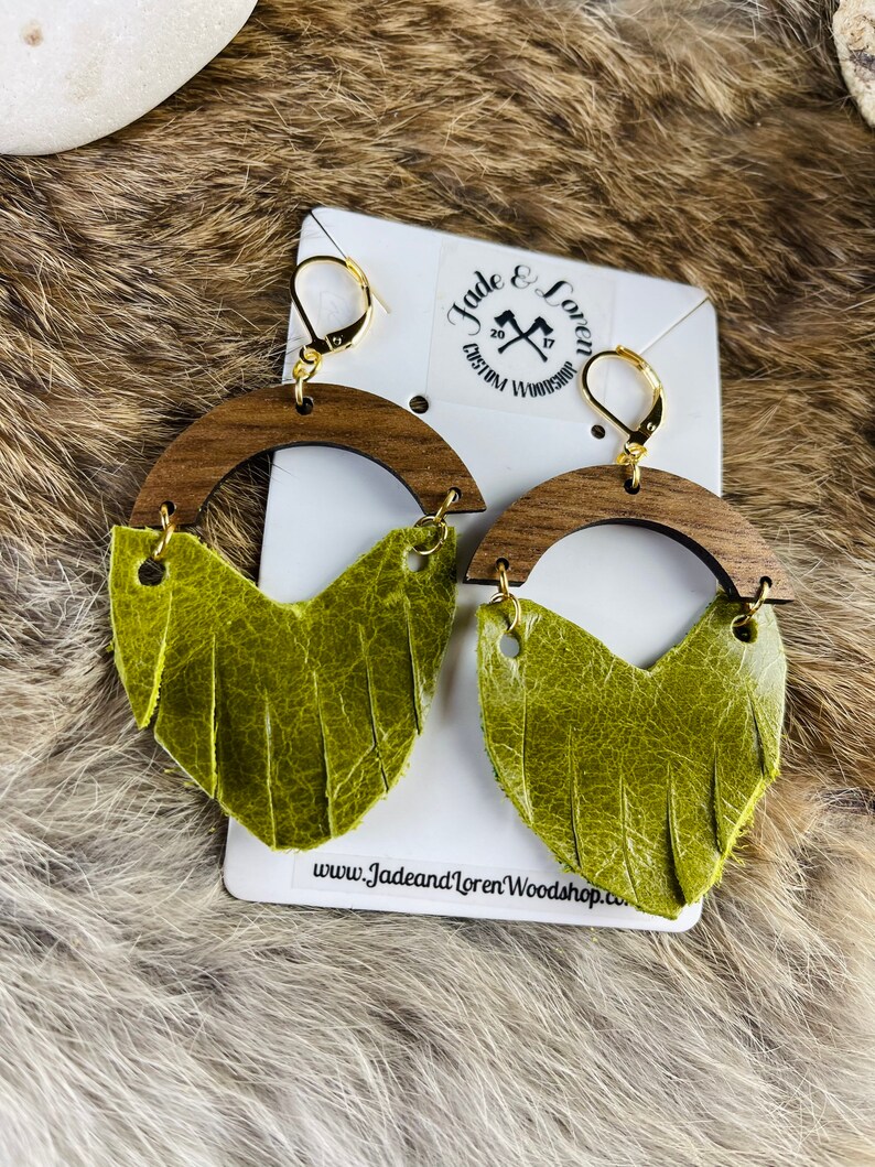Wood Leather curved drop earrings army green leather country boho statement laser cut french leverback image 4