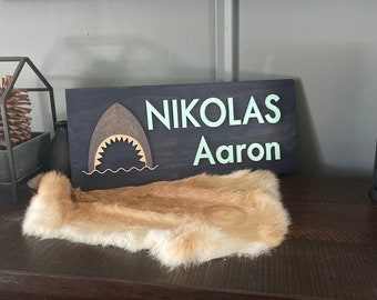 Shark Personalized Name Sign | Wood Board Nursery kids room wall decor | blue calligraphy letters | Shark Boys Stained Wood Room Decor coast