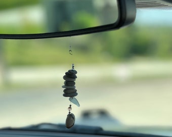 Rearview Mirror Charm | Beach Pebble + Seashell beach Glass | beach pottery stone Flexible car Decor OOAK fresh coast cairn rock