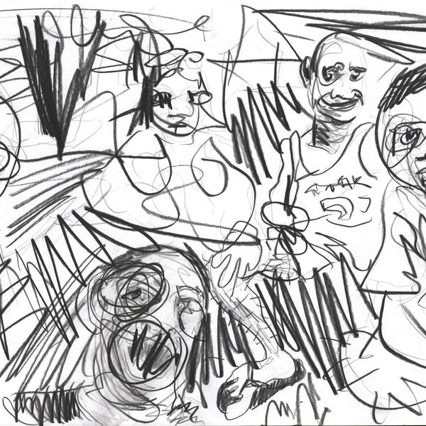 Family Selfie 2 - Original expressive pencil drawing on paper pencil Drawing