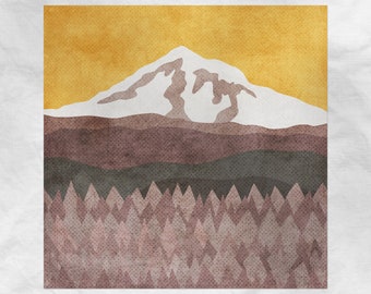 May include: A digital illustration of a snow-capped mountain with a yellow sky and a forest of brown trees at the base.