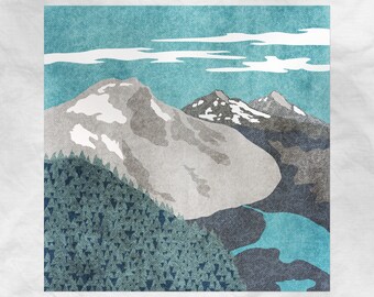 May include: A digital illustration of a mountain range with snow-capped peaks and a blue lake in the foreground. The mountains are depicted in shades of gray and white, while the lake is a vibrant blue. The sky is a light blue with white clouds.