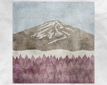 May include: A digital illustration of a mountain with snow on the peak and a forest of purple trees at the base. The image has a textured background.
