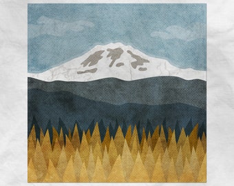 May include: A digital illustration of a mountain range with a snowy peak in the background. The foreground features a forest of stylized trees in shades of yellow, orange, and brown.