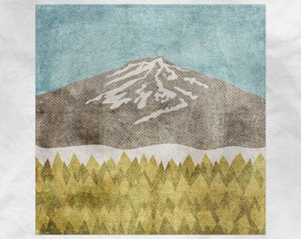 May include: A digital illustration of a mountain with snow on the peak and a forest of green trees at the base. The background is a light blue sky.