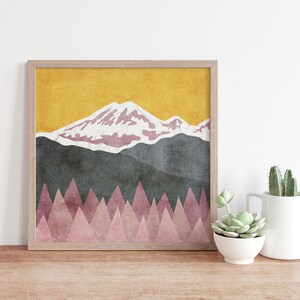 Mount Rainier, Washington Mountain Illustration, Wall Art Print, 5x5, 8x8, 12x12, 16x16