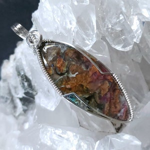Native Copper With Chrysocolla In Chalcedony Gemstone Necklace, Argentium Sterling Silver Wire Wrapped Pendant