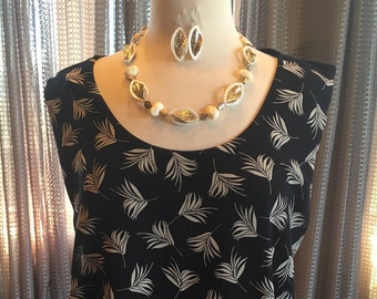 Custom L Couture set mother of pearl and pewter leaf necklace and earring set with navy and cram leaf print tunic large 1014