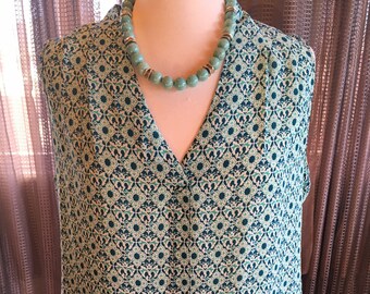 Custom Couture M Turquoise and Teal Geometric blouse with Turquoise statement necklace 1378