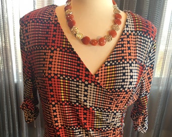Custom Couture M Orange and Blue wrap top with orange geometric necklace 1594