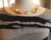 Custom L Couture set Frosted Quartz and oval pewter bead necklace with Navy and Cream Tunic Large 1035