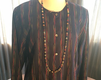 Custom Couture XL navy striped silk tunic with multi colored long necklace 1598