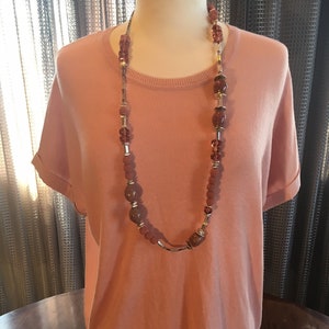 Custom Couture M Soft Rose knit tunic with long pink custom necklace 1483