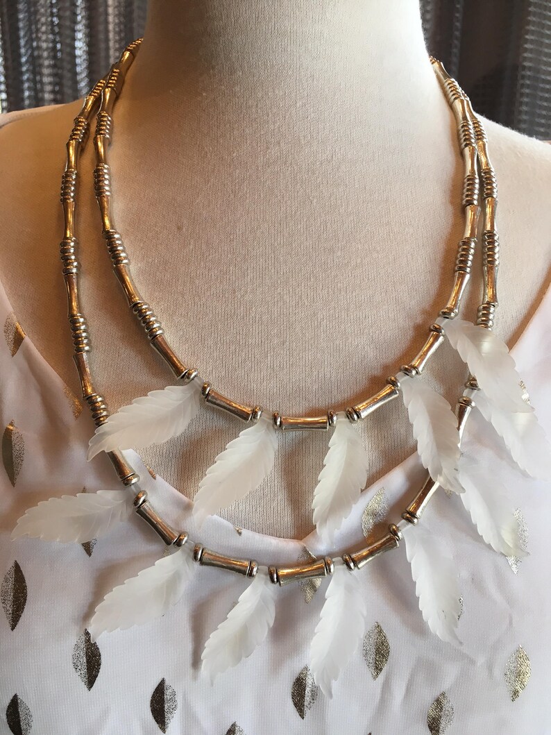 Custom S Couture set Silver and white leaf necklace with sheer silver and white flowing tunic Small 1086