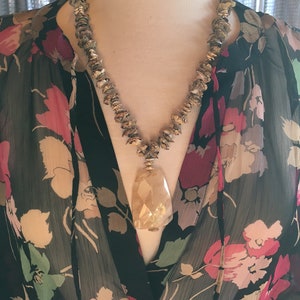 Custom Couture 3X Black sheer floral blouse with khaki quartz and shell custom necklace 1362 image 3