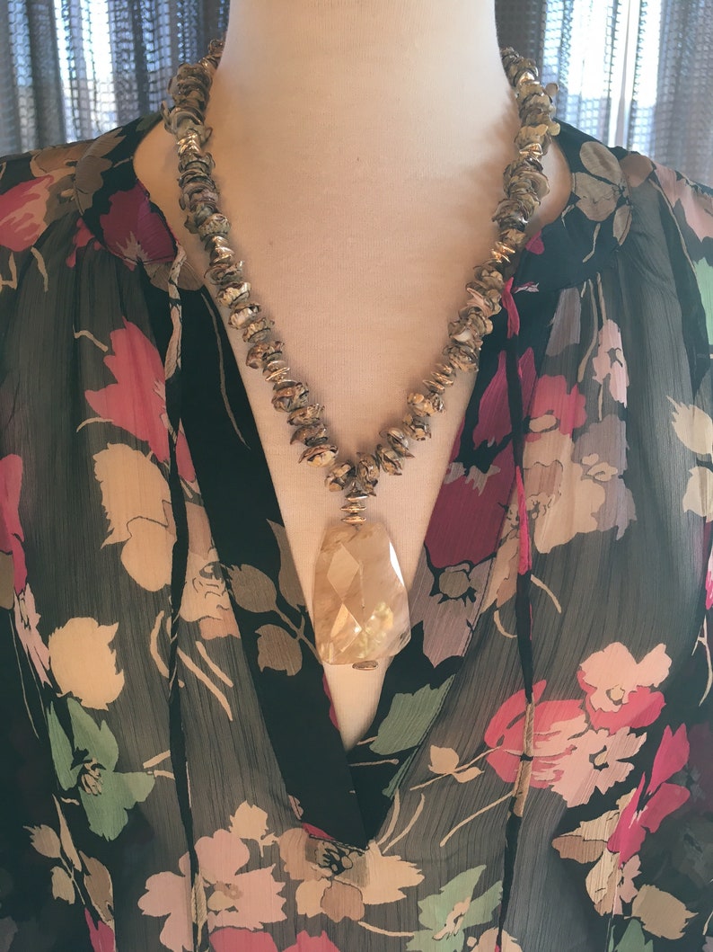 Custom Couture 3X Black sheer floral blouse with khaki quartz and shell custom necklace 1362 image 3