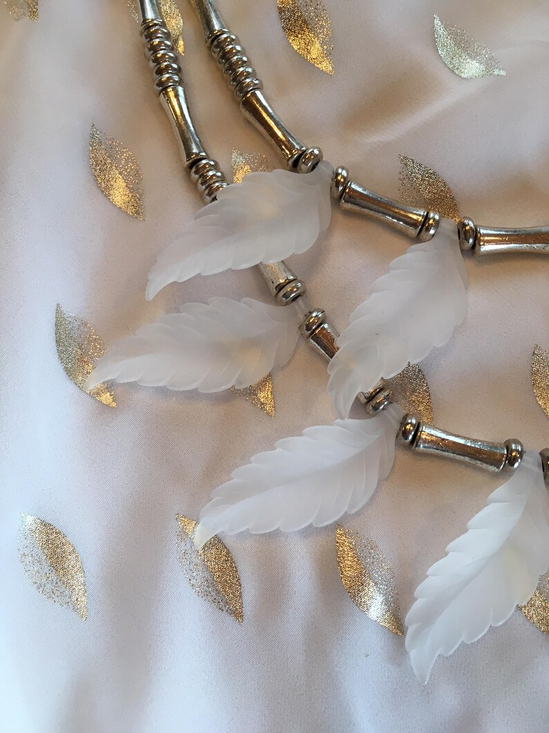 Custom S Couture set Silver and white leaf necklace with sheer silver and white flowing tunic Small 1086