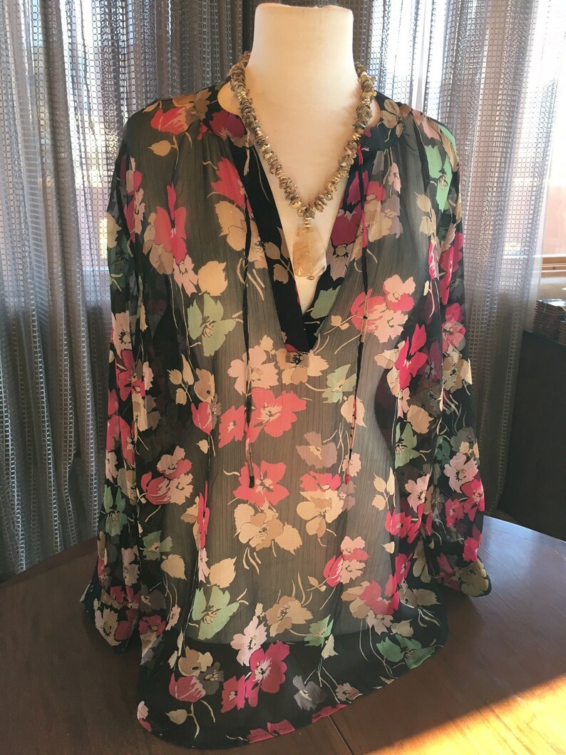 Custom Couture 3X Black sheer floral blouse with khaki quartz and shell custom necklace 1362 image 1