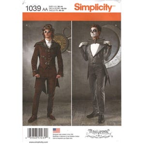 May include: Simplicity sewing pattern 1039 AA for costumes in sizes US 38-44. The package displays two variations: a brown coat with a top hat and goggles, and a black tailcoat with a large bow tie and skeleton-themed face paint and gloves.