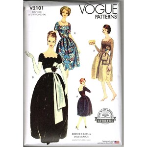 May include: A Vogue Patterns sewing pattern featuring vintage 1958 designs. The image shows illustrations of several dresses, including a black and white gown, a floral print dress, and a dress with a bow. The pattern includes sizes US 16-24.