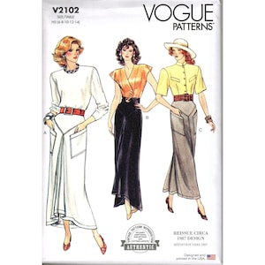 May include: Vogue Patterns sewing pattern featuring three different 1987 designs. The designs include a white dress with a red belt, a black skirt with an orange top, and a gray skirt with a yellow shirt. The pattern is a reissue.