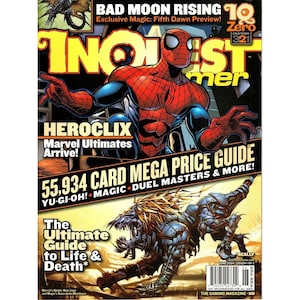 May include: A comic book magazine cover with Spider-Man and a monster illustration. The title is "INOUEST" in yellow. Text includes "HEROCLIX Marvel Ultimates Arrive!" and "55,934 CARD MEGA PRICE GUIDE".