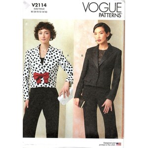 May include: Vogue Patterns V2114 sewing pattern envelope featuring two blazer styles. Style A is a white cropped blazer with black polka dots and a red bow. Style B is a solid black blazer. Both are paired with black trousers. Size B5 8-10-12-14-16.