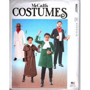 May include: McCall's M8227 costume sewing pattern envelope featuring illustrations of four children wearing historical-style coats, hats, and accessories. The pattern includes sizes A 7-8-10-12-14. The designs show long coats in white, brown, and green.