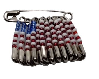Broche de seguridad con cuentas de semillas patrióticas de la bandera de EE. UU., reconocimiento americano