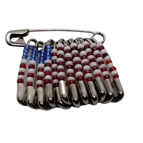 US Flag Patriotic Seed Bead Safety Pin Brooch Americana Appreciation