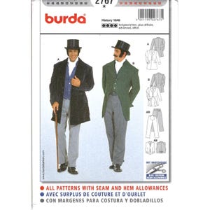 May include: A Burda sewing pattern envelope, number 2767, featuring illustrations of two historical-style outfits with top hats, frock coats, waistcoats, and trousers. The package includes text labels, size charts, and diagrams for garments A and B.