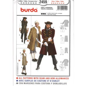 May include: A Burda sewing pattern envelope 2459 for pirate and Casanova costumes. The front displays illustrations of four different historical-style outfits, including long coats, vests, and trousers, with technical line drawings of the garment pieces.