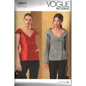 May include: Vogue Patterns sewing pattern featuring two double-breasted jackets. One jacket is a sleeveless red design, and the other is a long-sleeved gray design. The pattern includes sizes 16-26 and is designed and printed in the USA.