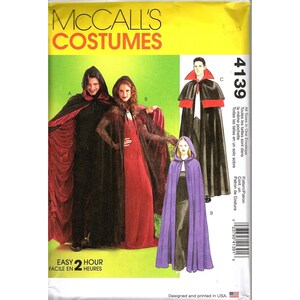 May include: McCall's Costumes pattern envelope featuring various costume designs. The image showcases capes in black, red, and purple, with hoods and contrasting linings. The text on the envelope reads "EASY 2 HOUR".