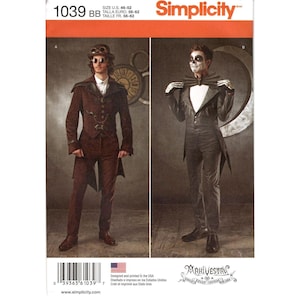 May include: Simplicity sewing pattern 1039 featuring two costume variations. View A shows a brown tailcoat with a vest and top hat. View B shows a black tailcoat with a white shirt and bow tie. The pattern includes sizing information for U.S. 46-52.