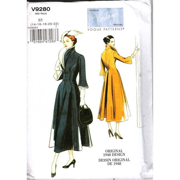 Vogue V9280 Misses 14 to 22 Circa 1948 Collar Dress UNCUT Sewing Pattern