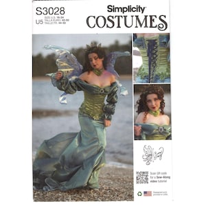 May include: Simplicity Costumes pattern S3028 for a fairy-inspired outfit. The package displays a long, iridescent teal gown with off-the-shoulder sleeves, a corset-style bodice, and translucent wings. Includes a QR code for a video tutorial.